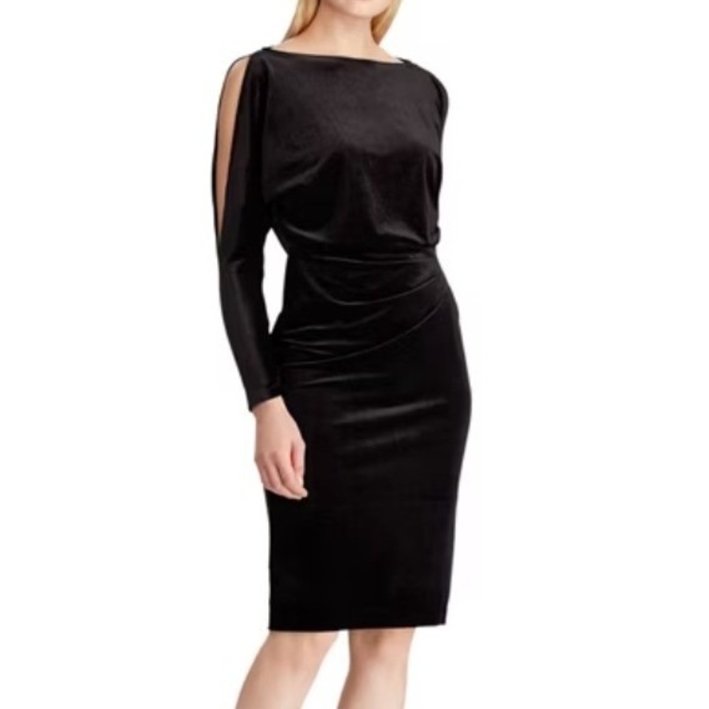 Lauren Ralph Lauren Black Metallic Velvet Long Sleeve Blouson Cocktail Dress 14